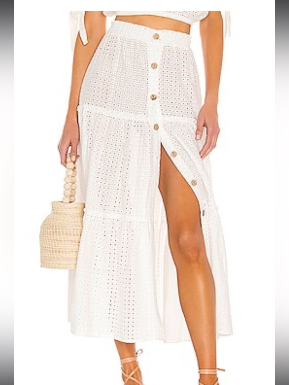 Eberjey White Eyelet Button-Front Maxi Skirt with High Slit
